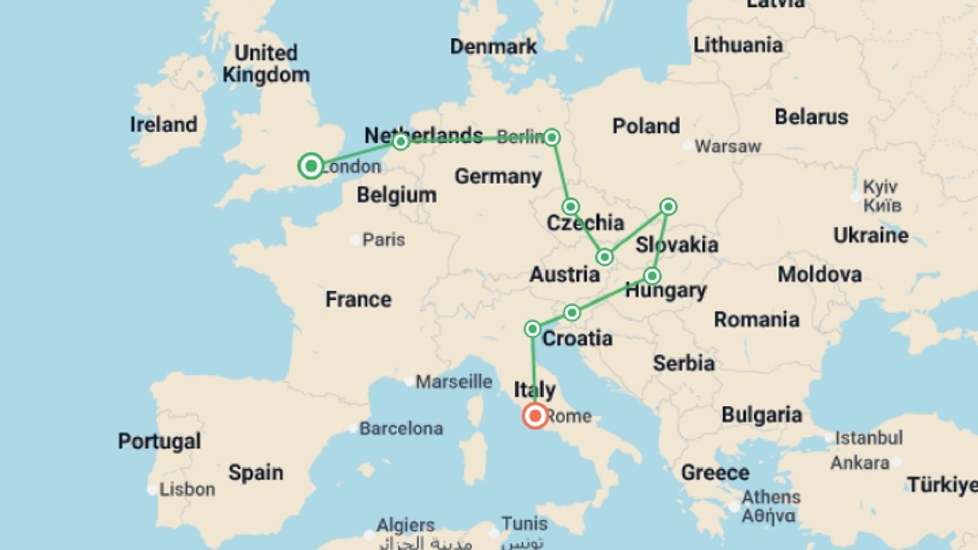A map showing the tour itinerary for the trip: London to Rome Trail, starting in London, England and ending in Rome, Italy going through 8 other destinations.