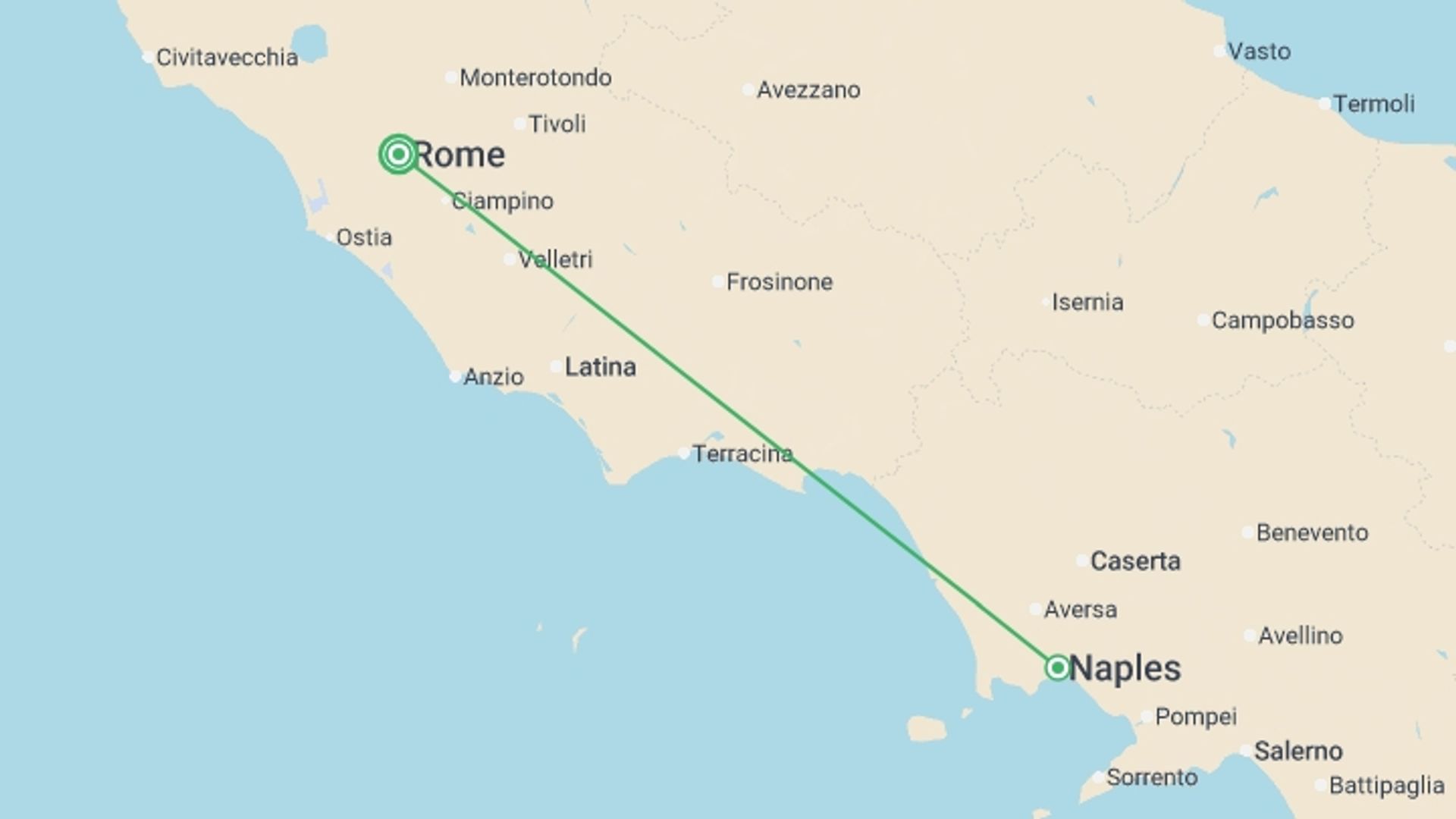 A map showing the tour itinerary for the trip: Italian Adventure Rome, Naples, Capri - 3 days, starting in Rome, Italy and ending in Rome, Italy going through 1 other destinations.