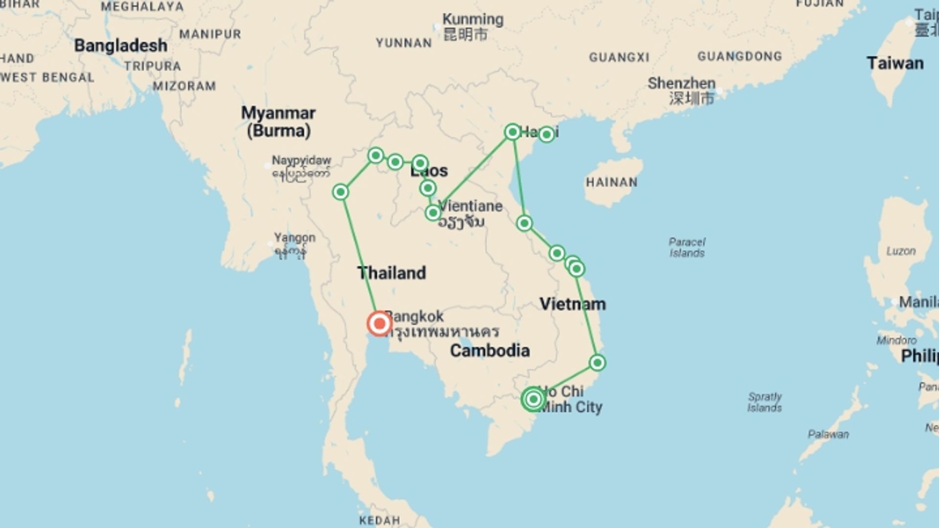 A map showing the tour itinerary for the trip: Vietnam, Laos & Thailand: Riversides & Railways, starting in Ho Chi Minh City, Vietnam and ending in Bangkok, Thailand going through 13 other destinations.
