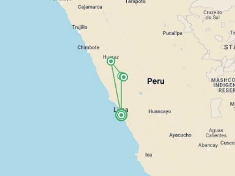 Map of Lima Tour with 7 destination visits for the trip: Huayhuash Circuit