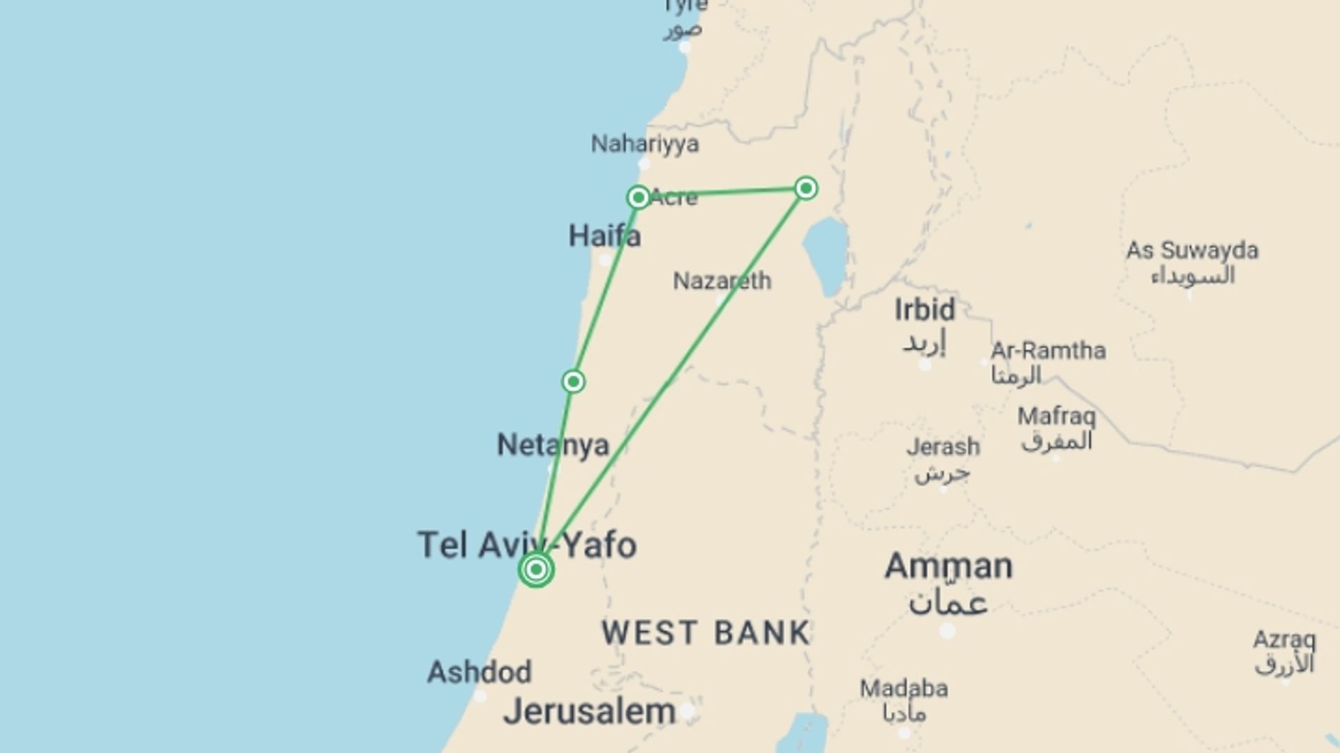 A map showing the tour itinerary for the trip: Caesarea, Golan And Galilee Tour, 3 Days From Jerusalem, starting in Tel Aviv, Israel and ending in Tel Aviv, Israel going through 1 other destinations.