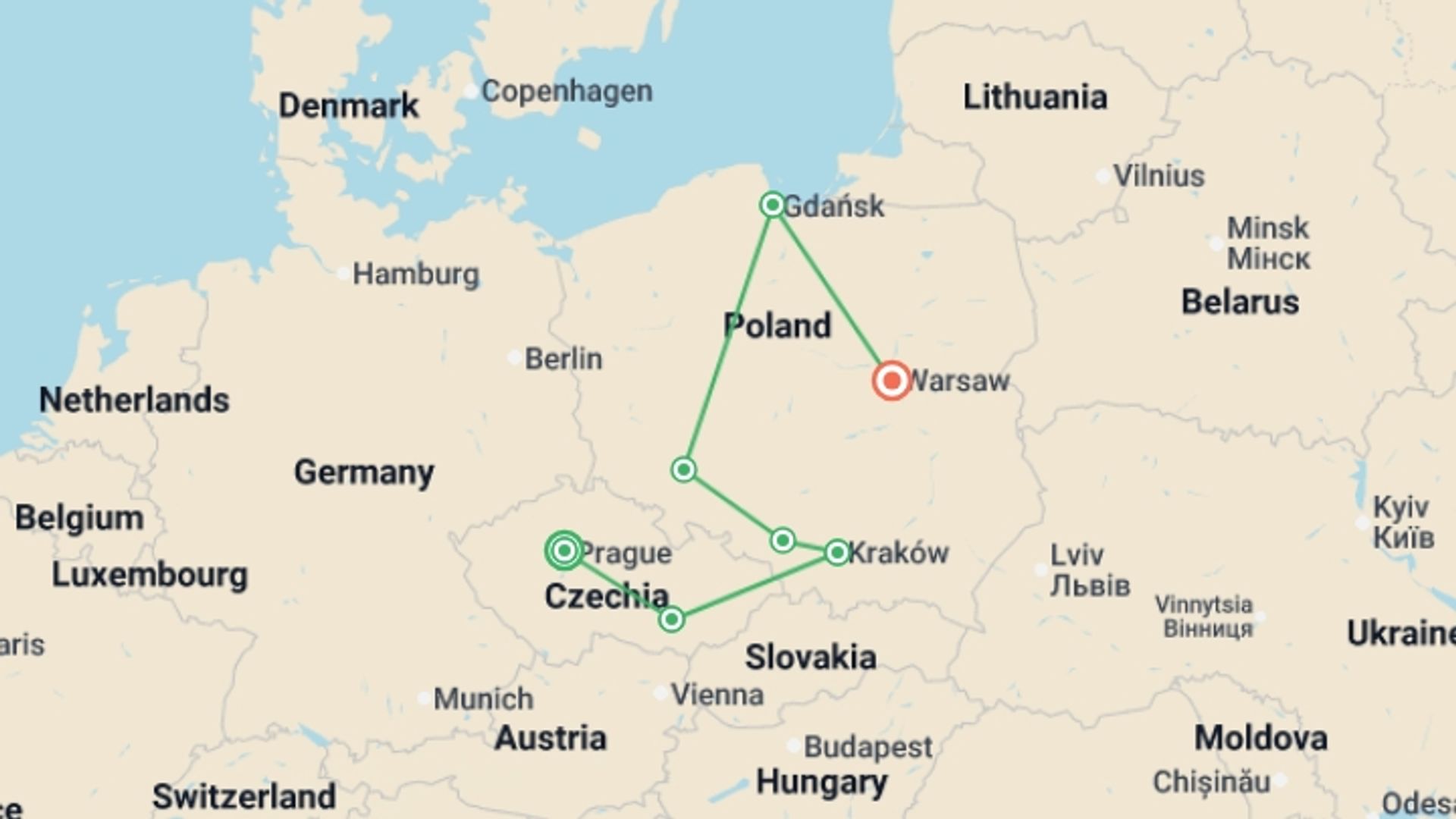 A map showing the tour itinerary for the trip: Czechia and Full Poland, starting in Prague, Czech Republic and ending in Warsaw, Poland going through 4 other destinations.