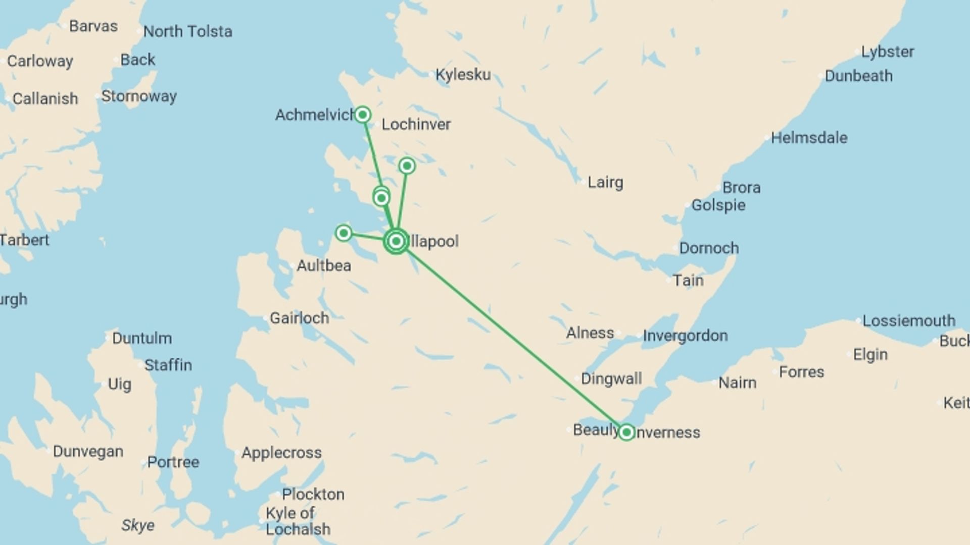 A map showing the tour itinerary for the trip: 8 Days / 7 Nights - Wonders Of Assynt And Ullapool Walking Tour, starting in Ullapool, England and ending in Ullapool, England going through 1 other destinations.