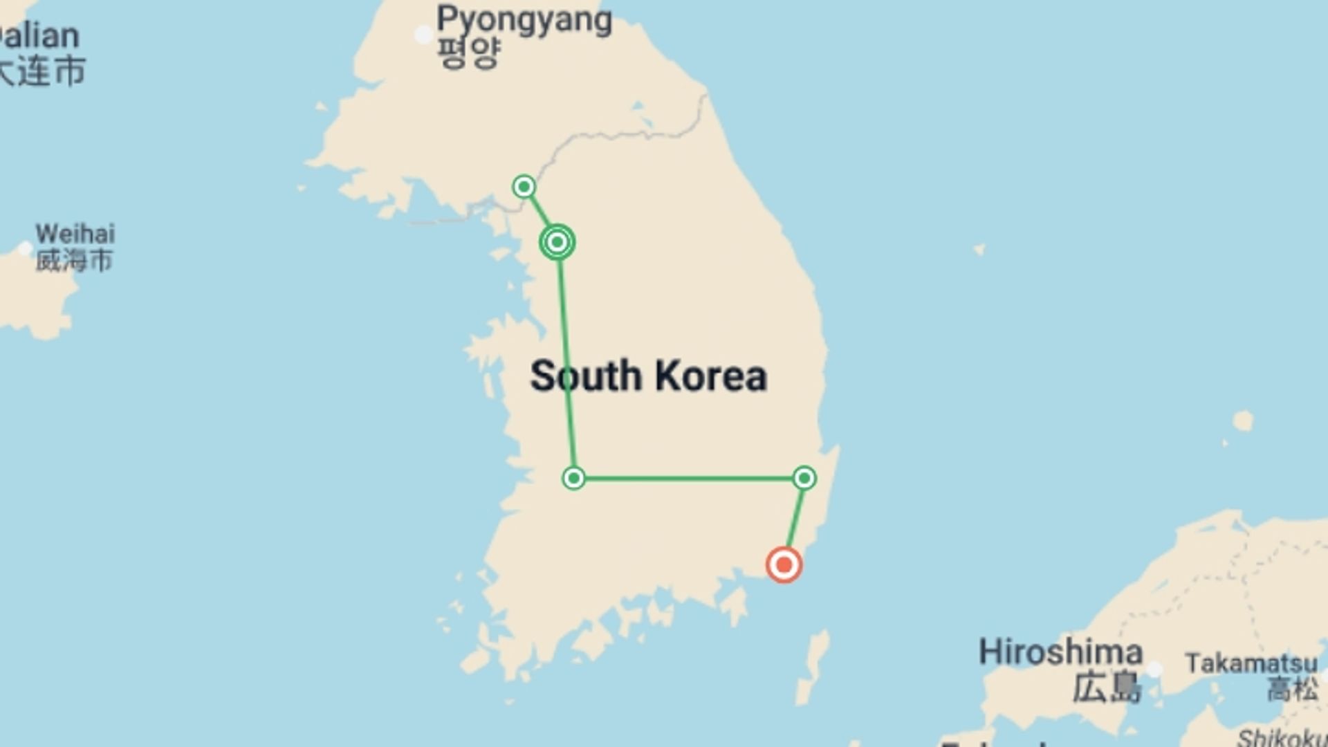 A map showing the tour itinerary for the trip: Seoul to Busan Youth Adventure - 10 days, starting in Seoul, South Korea and ending in Busan, South Korea going through 2 other destinations.