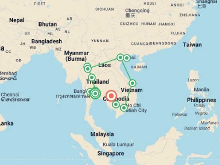 Map itinerary of Asia Tour in December 2026 with 12 destination visits for the trip: Premium South East Asia in Depth