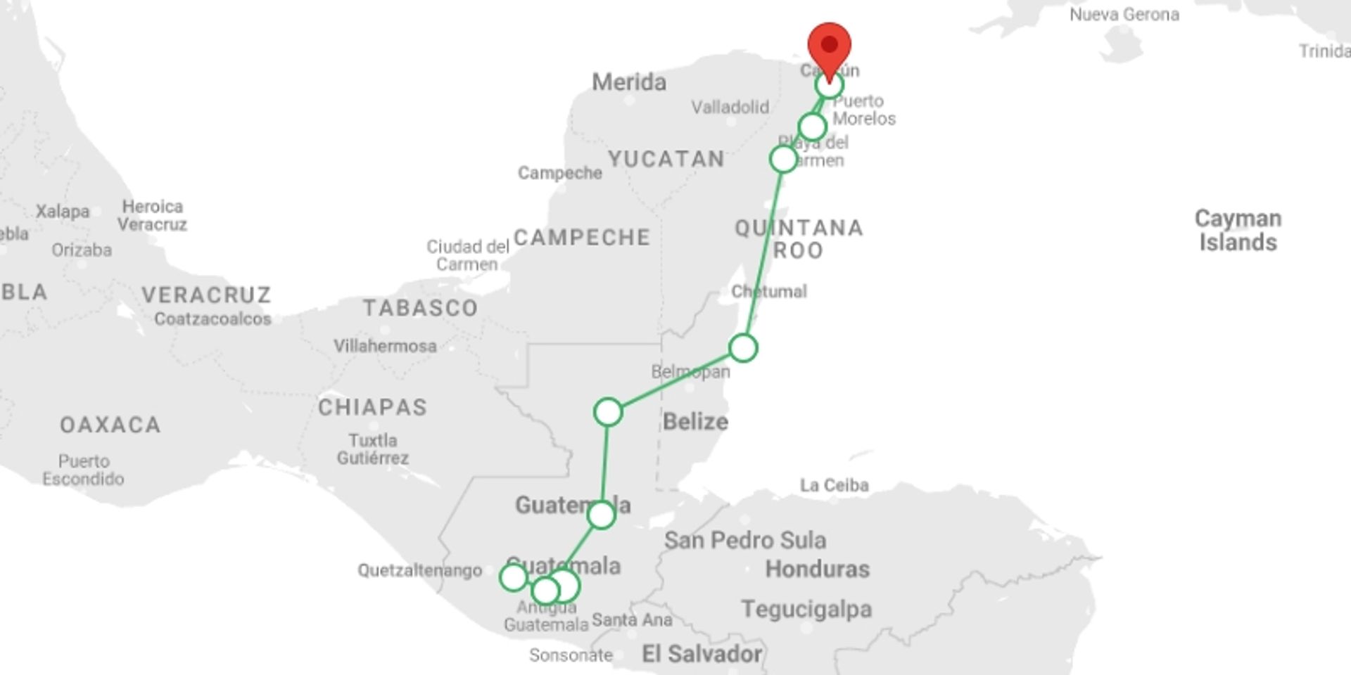 A map showing the tour itinerary for the trip: Guatemala, Belize & Mexico Adventure 14D/13N (from Guatemala City), starting in Guatemala City, Guatemala and ending in Cancún, Mexico going through 7 other destinations.