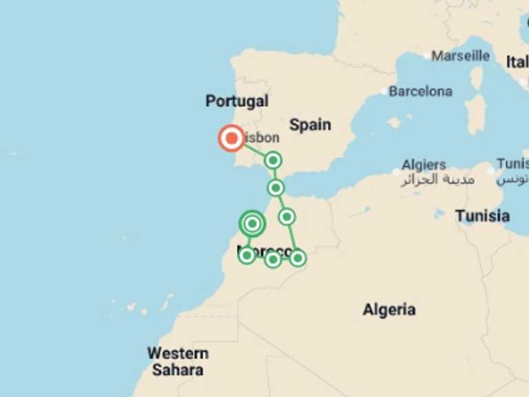 Map itinerary of Europe Tour in February 2027 with 8 destination visits for the trip: Moroccan Capitals, Seville and Lisbon