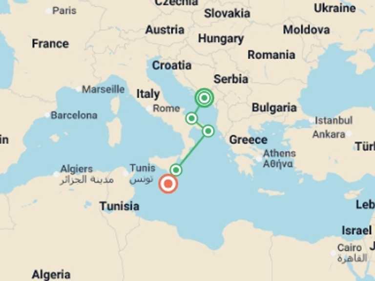 Map itinerary of Europe Tour in Fall with 5 destination visits for the trip: Mediterranean Splendor - Croatia, Apulia, Sicily, and Malta (port-to-port cruise)