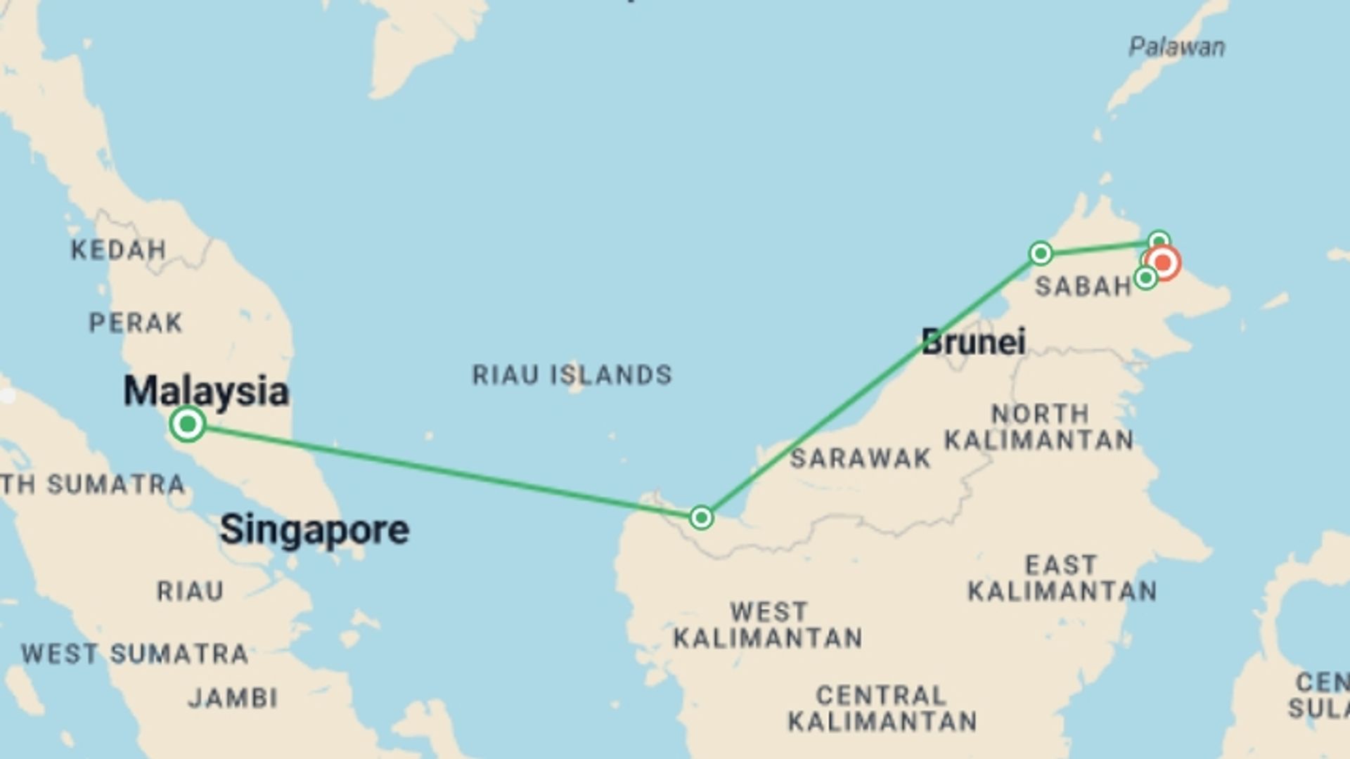 A map showing the tour itinerary for the trip: Borneo Adventure, starting in Kuala Lumpur, Malaysia and ending in Sandakan, Malaysia going through 5 other destinations.