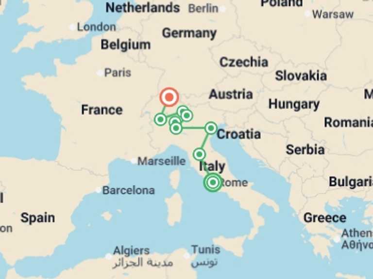 Map itinerary of Europe Tour in Fall with 7 destination visits for the trip: Grand Italian and Swiss escape by Rail