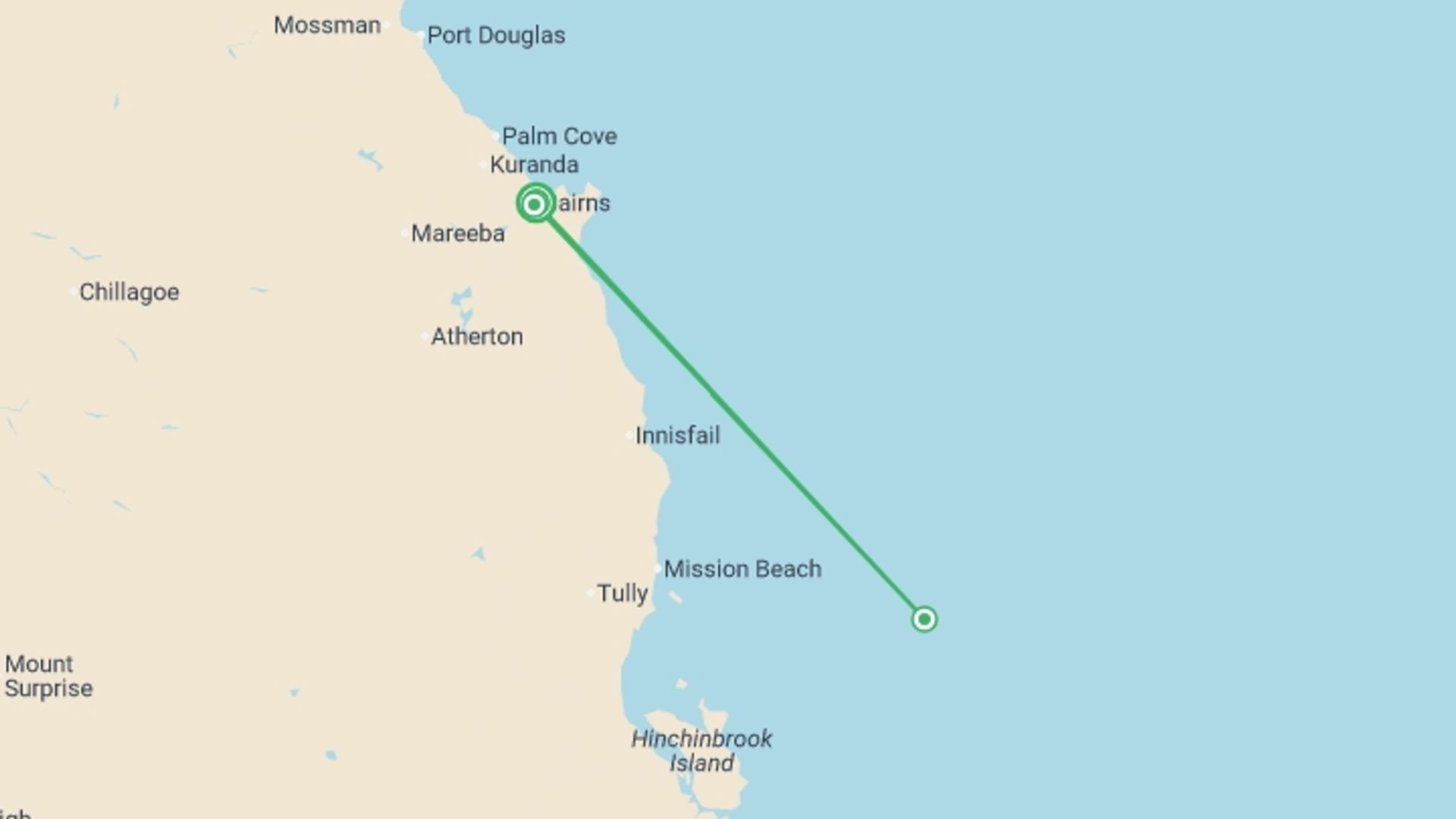 A map showing the tour itinerary for the trip: Cairns and the Great Barrier Reef, starting in Cairns, Australia and ending in Cairns, Australia going through 2 other destinations.