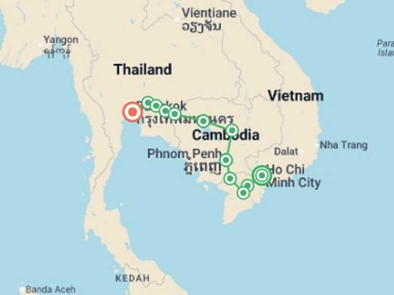 Map of 16-Day Ho Chi Minh City Tour with 12 destination visits for the trip: Thailand, Cambodia & Vietnam Cycling Tour