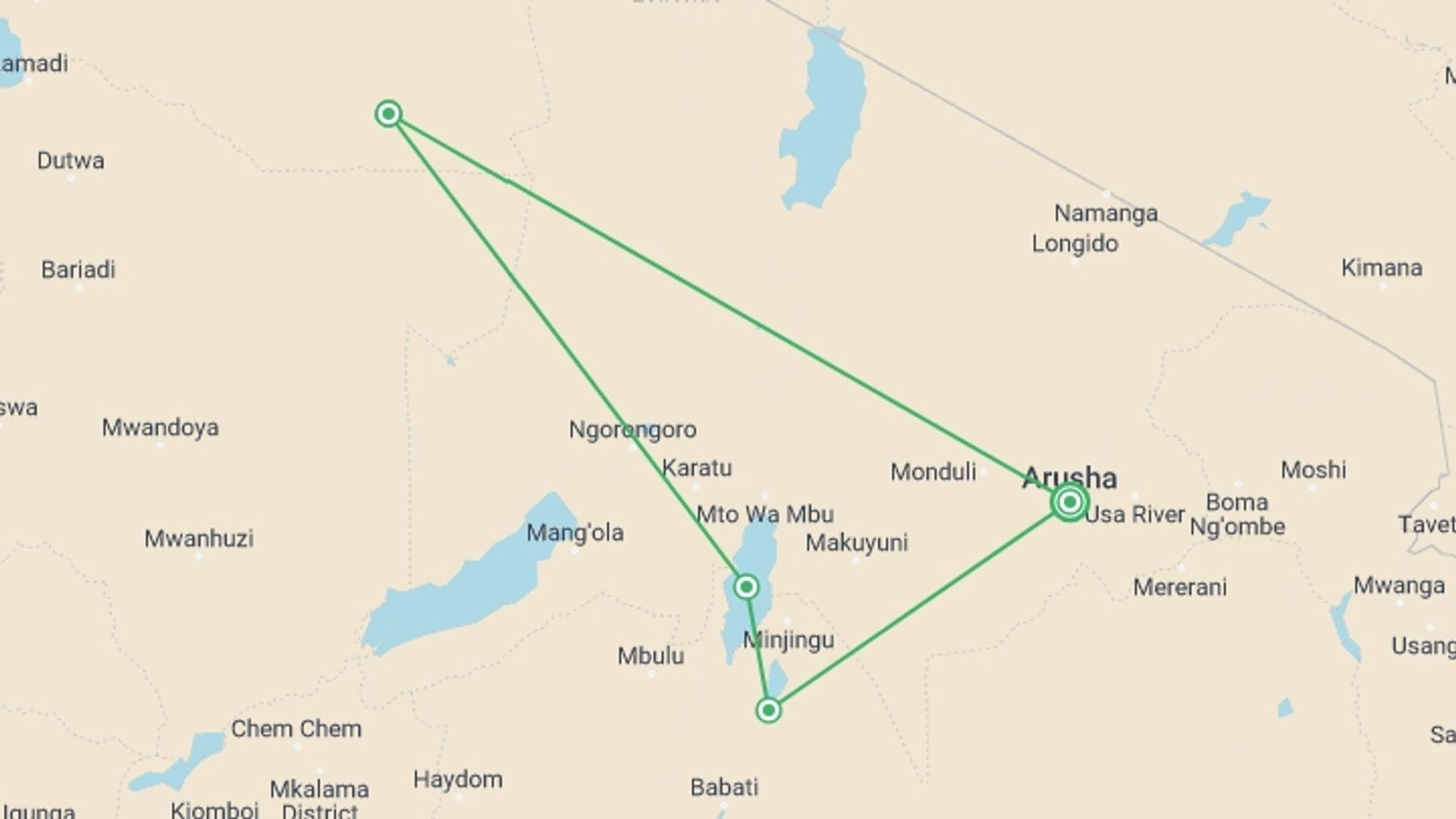A map showing the tour itinerary for the trip: 6 Days Affordable Safari, starting in Arusha, Tanzania and ending in Arusha, Tanzania going through 7 other destinations.