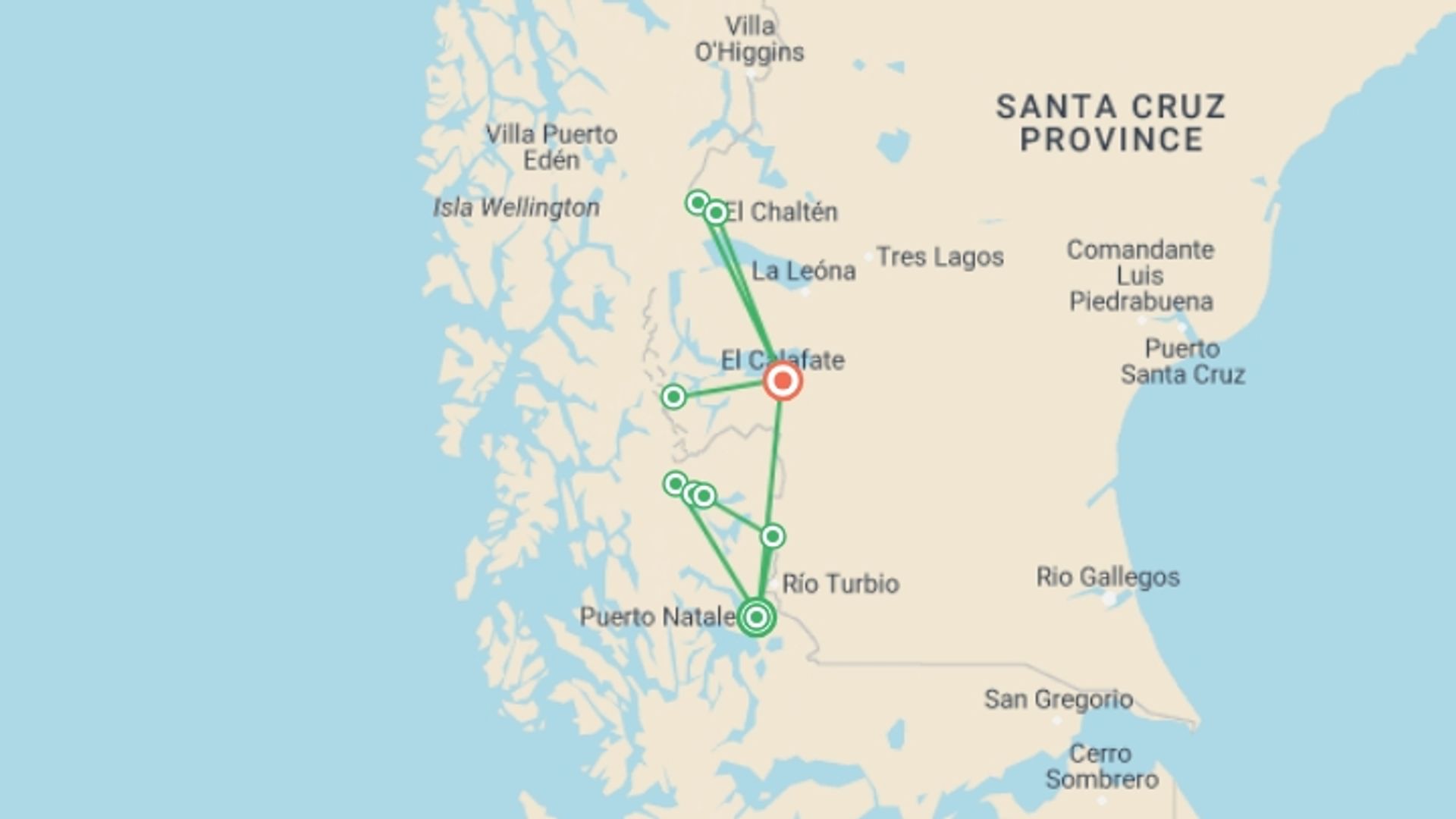 A map showing the tour itinerary for the trip: Patagonia Classic Trek 13 Days, starting in Puerto Natales, Chile and ending in El Calafate, Argentina going through 10 other destinations.