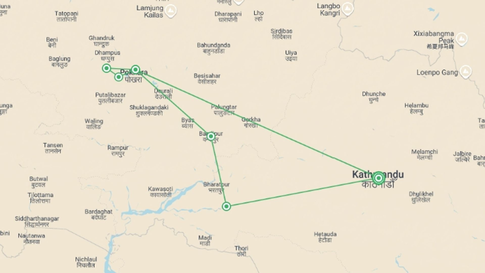 A map showing the tour itinerary for the trip: Nepal Family Adventure, starting in Kathmandu, Nepal and ending in Kathmandu, Nepal going through 5 other destinations.