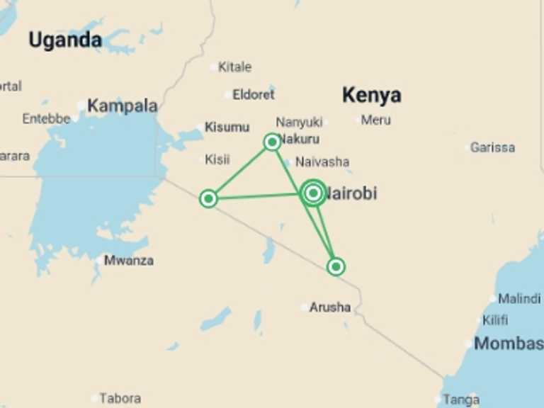 Map of Kenya Tour with 4 destination visits for the trip: Kenya Classic, Zebra Plains