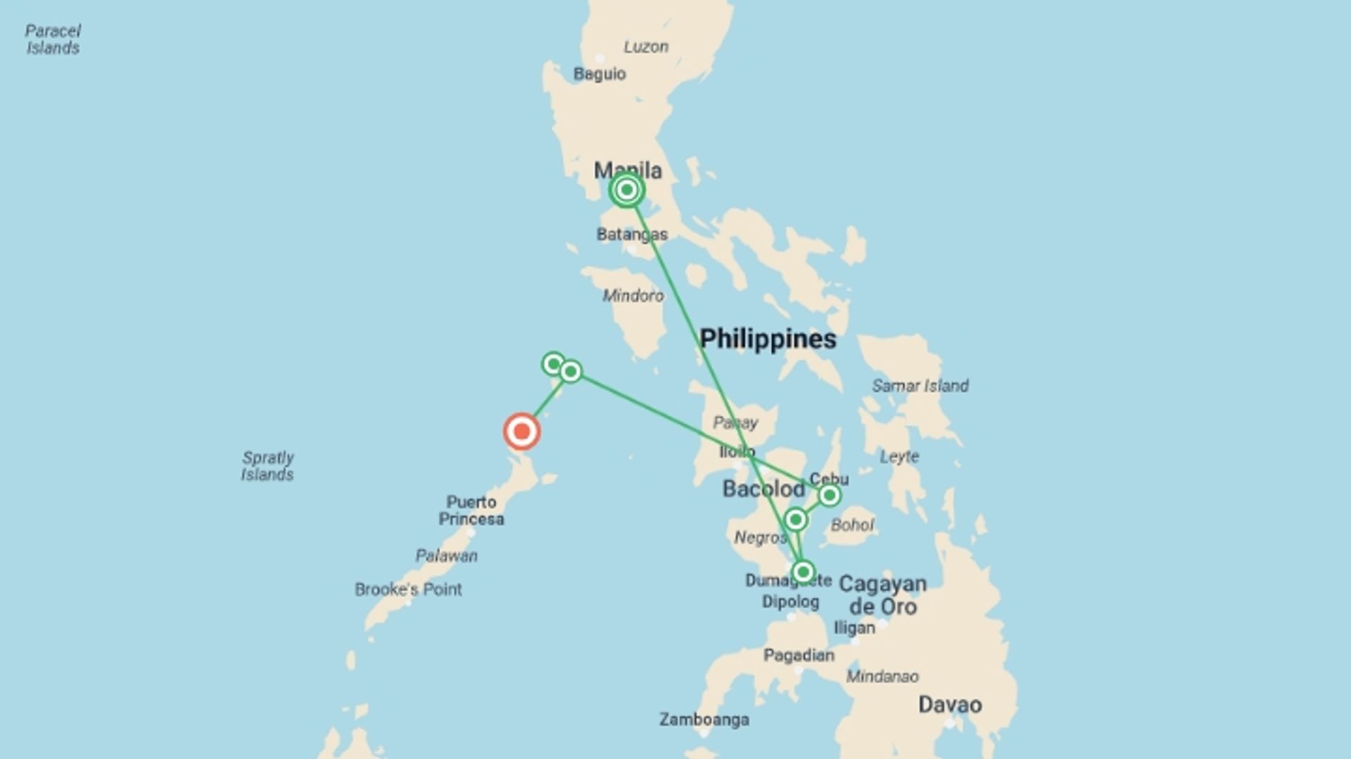 A map showing the tour itinerary for the trip: Philippines Island Explorer 13 day, starting in Manila, Philippines and ending in El Nido, Philippines going through 5 other destinations.