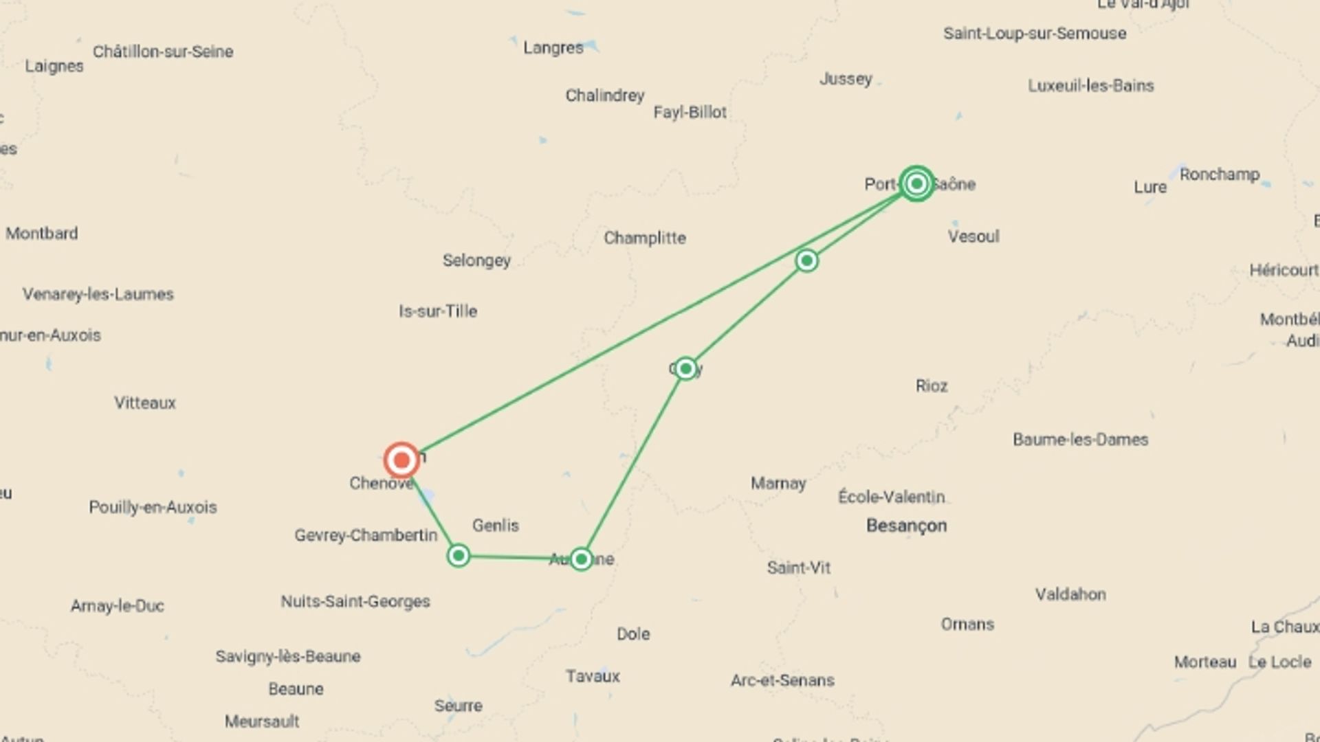 A map showing the tour itinerary for the trip: The Petite Saône & The Burgundy Canal (port-to-port cruise), starting in Dijon, France and ending in Dijon, France going through 6 other destinations.