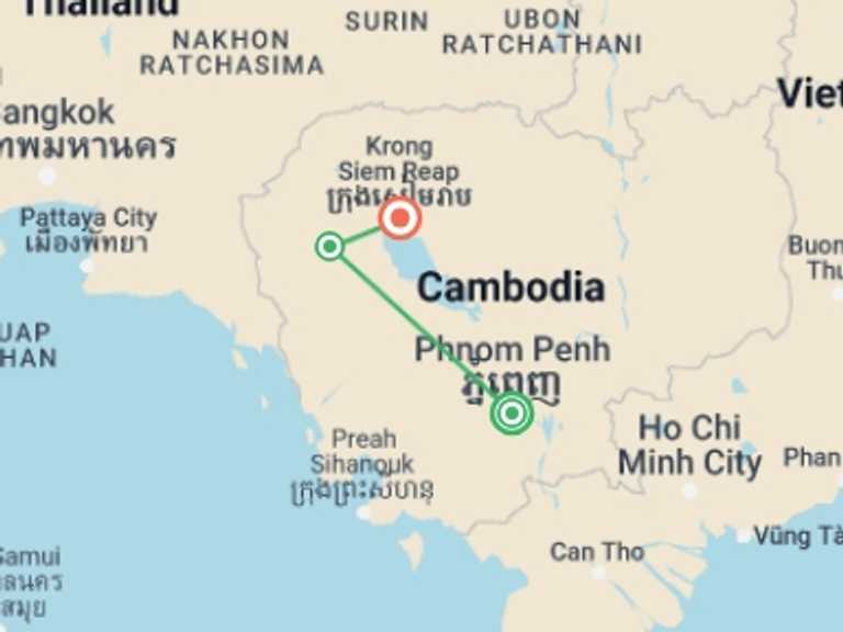 Map itinerary of Cambodia Tour in March 2027 with 3 destination visits for the trip: Cambodia Family Holiday