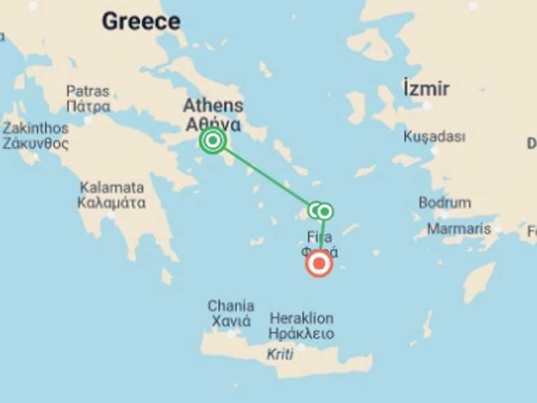 Map of Athens Sailing, yachting and motor boating Tour with 4 destination visits for the trip: Highlights of the Greek Islands