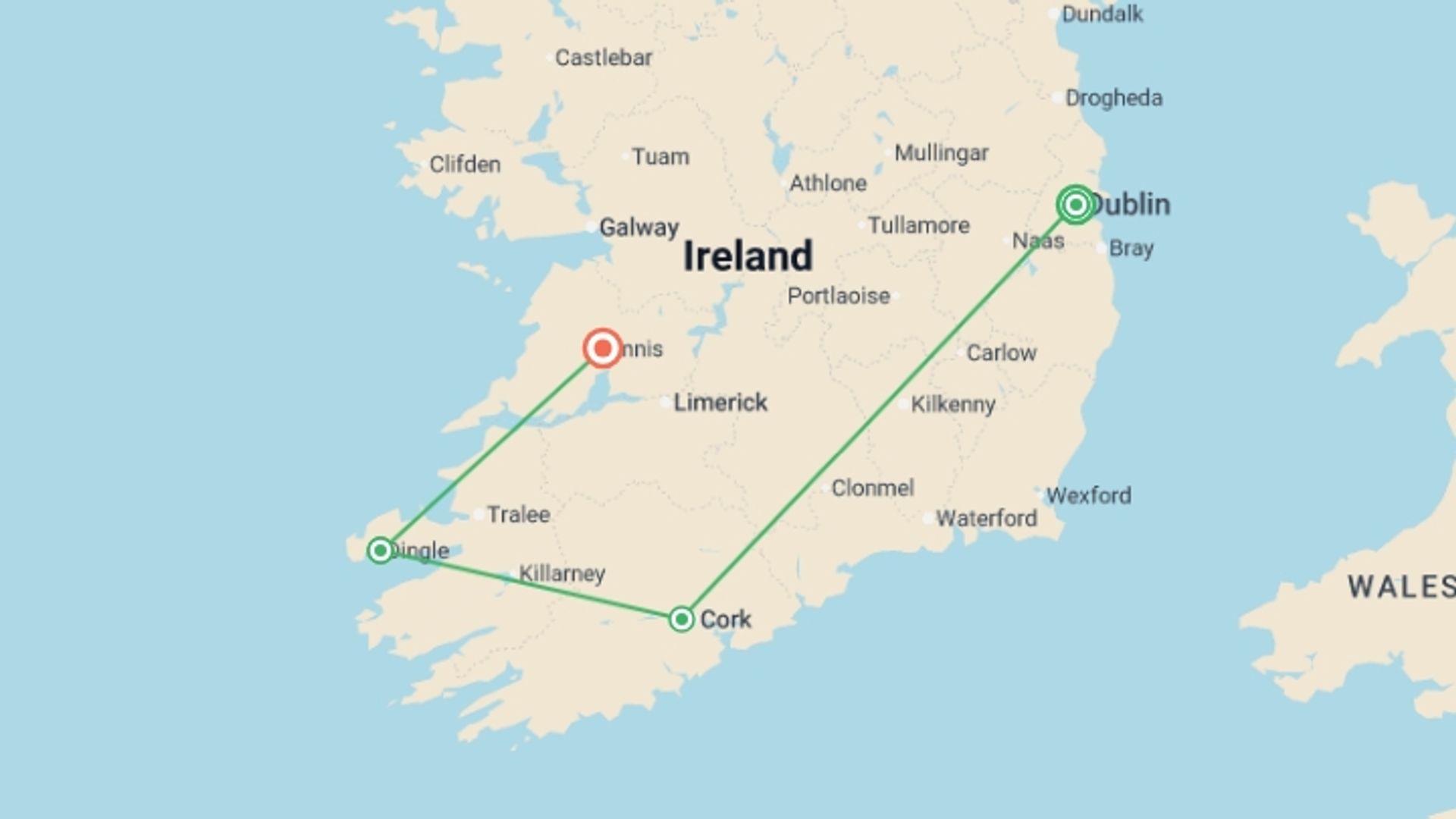 A map showing the tour itinerary for the trip: Countryside of the Emerald Isle , starting in Dublin, Ireland and ending in Ennis, Ireland going through 2 other destinations.