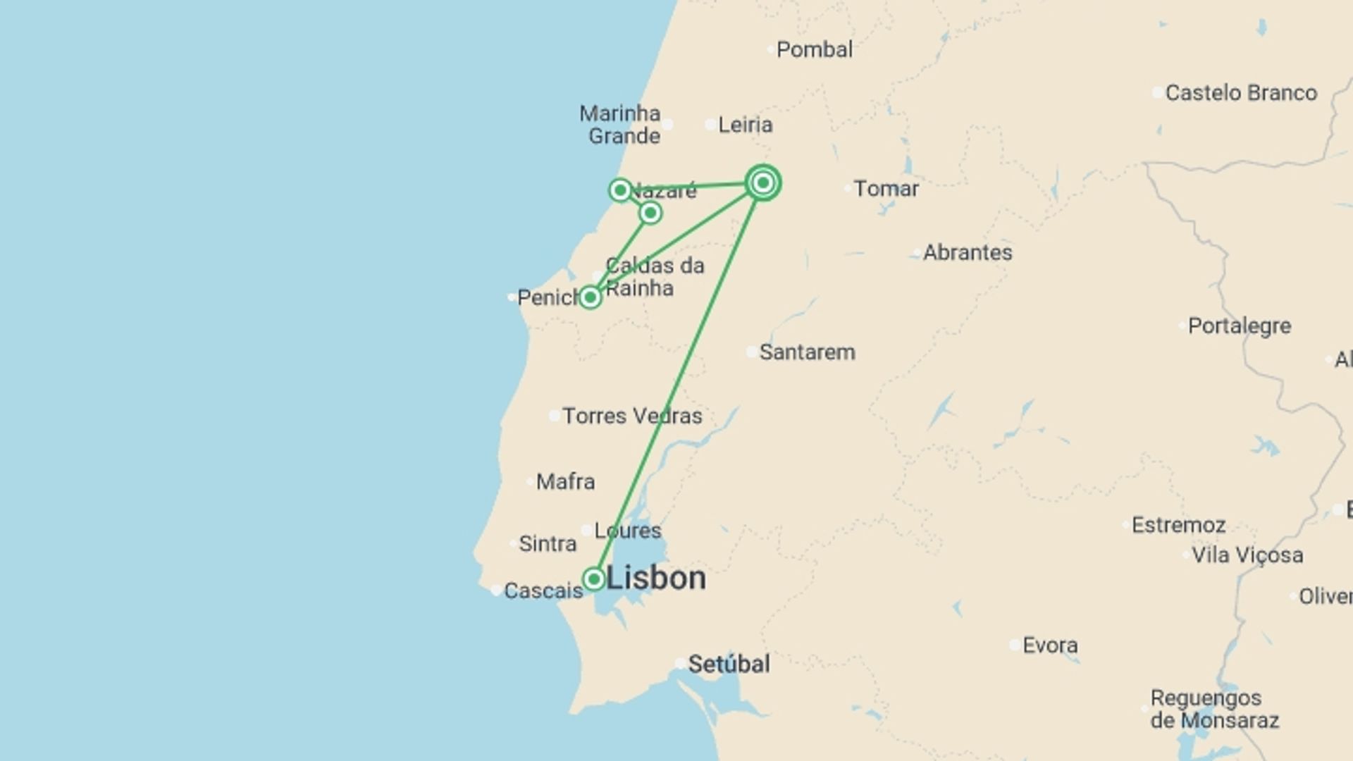 A map showing the tour itinerary for the trip: Religious Portugal, starting in Fátima, Portugal and ending in Fátima, Portugal going through 1 other destinations.