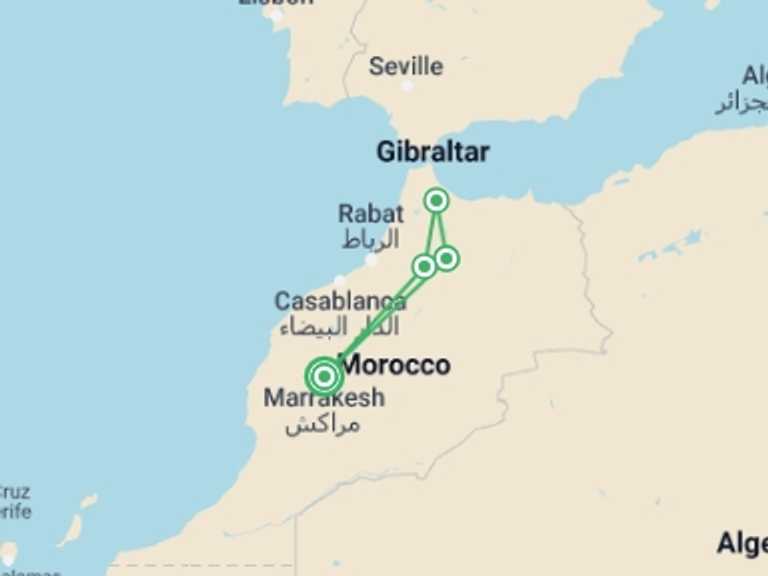 Map of 7-Day Marrakech Tour with 4 destination visits for the trip: Chefchaouen And North, Private Tour
