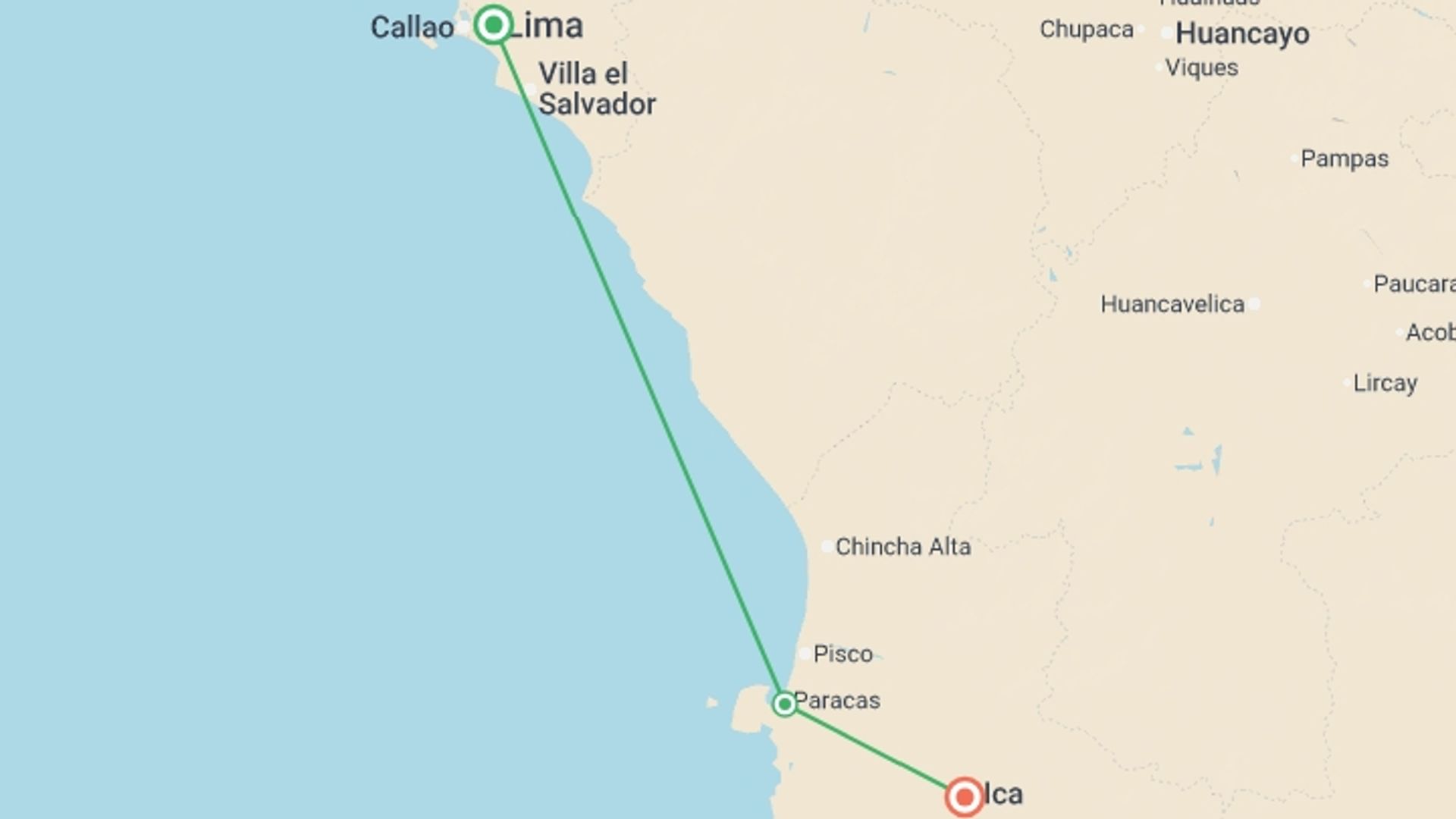A map showing the tour itinerary for the trip: Sandboarding & Nazca Lines Adventure 3D/2N, starting in Lima, Peru and ending in Huacachina, Peru going through 1 other destinations.