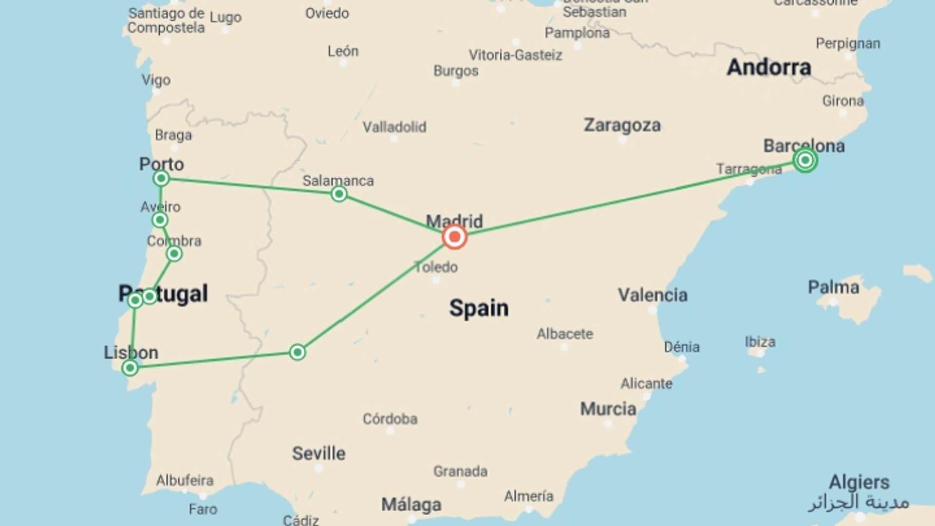 A map showing the tour itinerary for the trip: Wonders of Spain & Portugal: Small Group Tour, starting in Barcelona, Spain and ending in Madrid, Spain going through 3 other destinations.