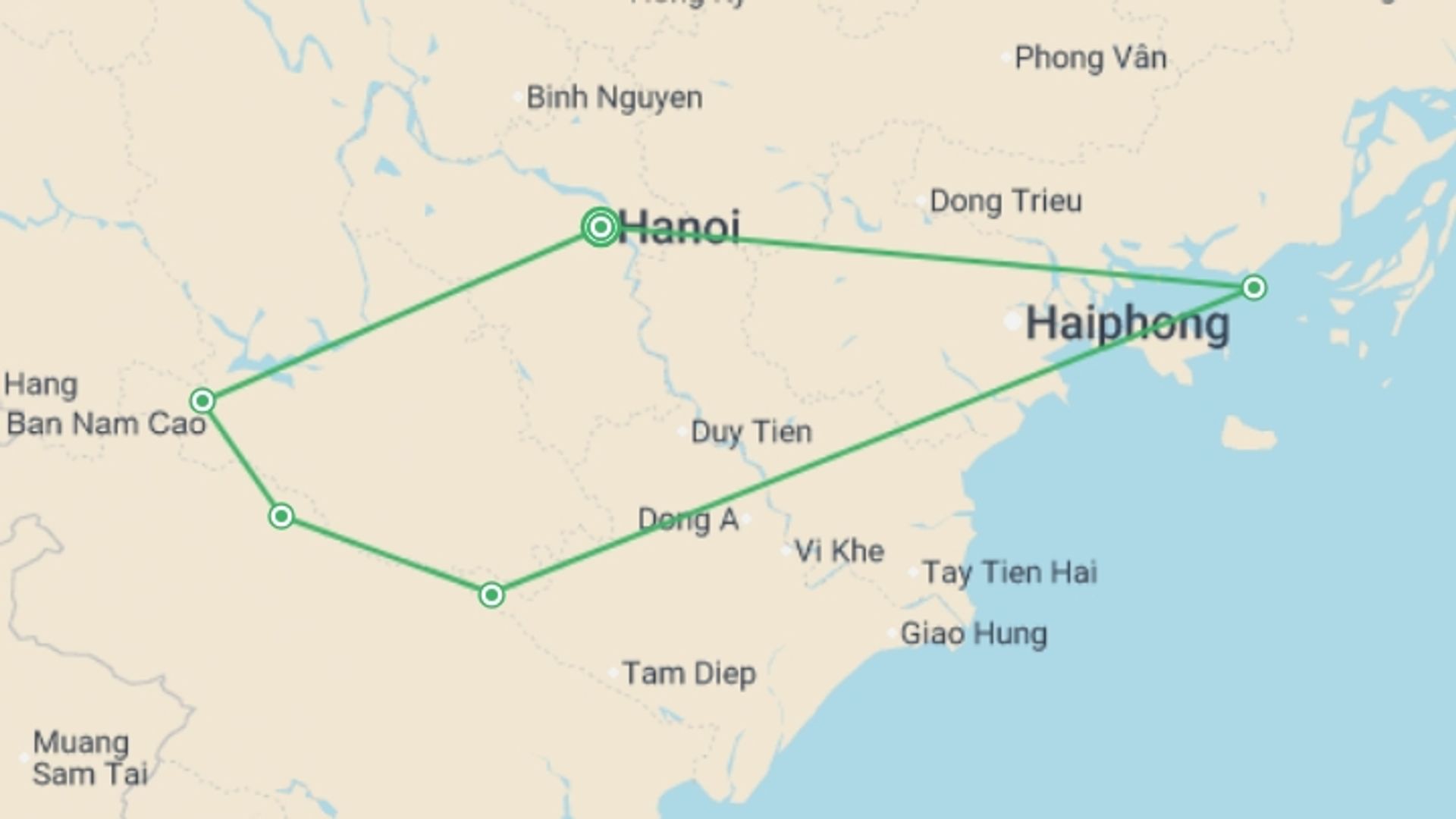 A map showing the tour itinerary for the trip: Cycle Northern Vietnam, starting in Hanoi, Vietnam and ending in Hanoi, Vietnam going through 4 other destinations.