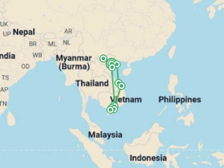 Map itinerary of Hanoi Tour in Winter with 10 destination visits for the trip: Landscapes Of Vietnam 15 Days 14 Nights