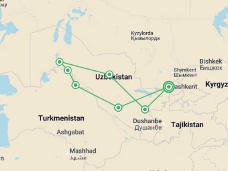 Map itinerary of Uzbekistan Tour in June 2027 with 7 destination visits for the trip: Discover Uzbekistan