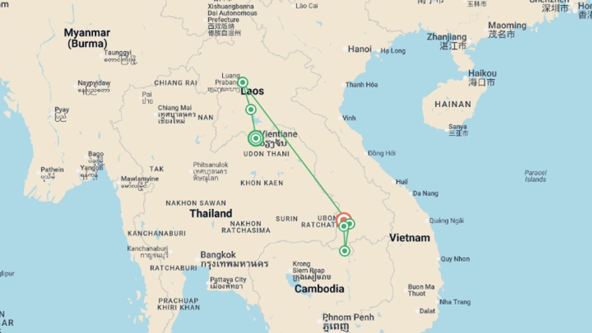 A map showing the tour itinerary for the trip: Hiking, Cruising & Exploring in Laos - 12 days, starting in Vientiane, Laos and ending in Pakse, Laos going through 5 other destinations.
