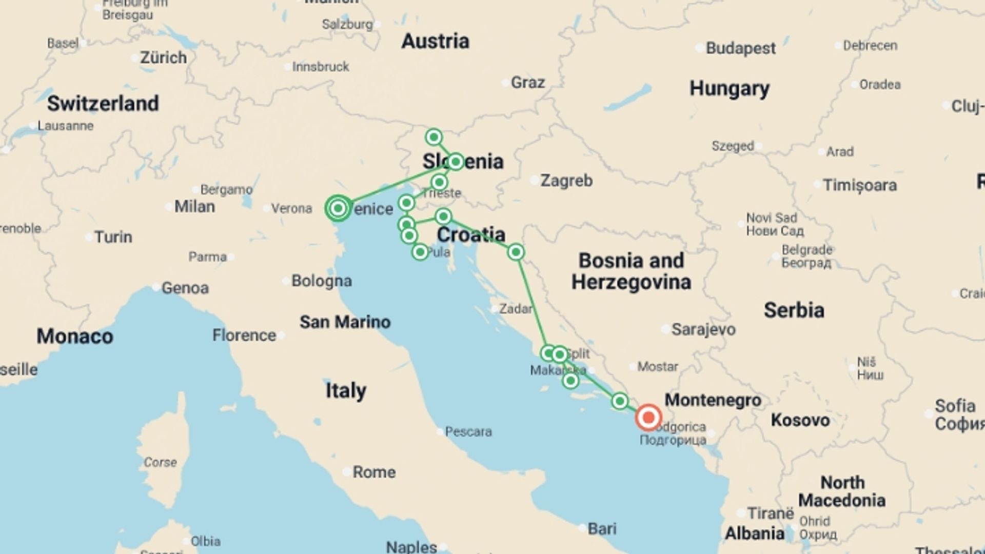 A map showing the tour itinerary for the trip: Venice to Dalmatia - 13 days, starting in Venice, Italy and ending in Dubrovnik, Croatia going through 5 other destinations.