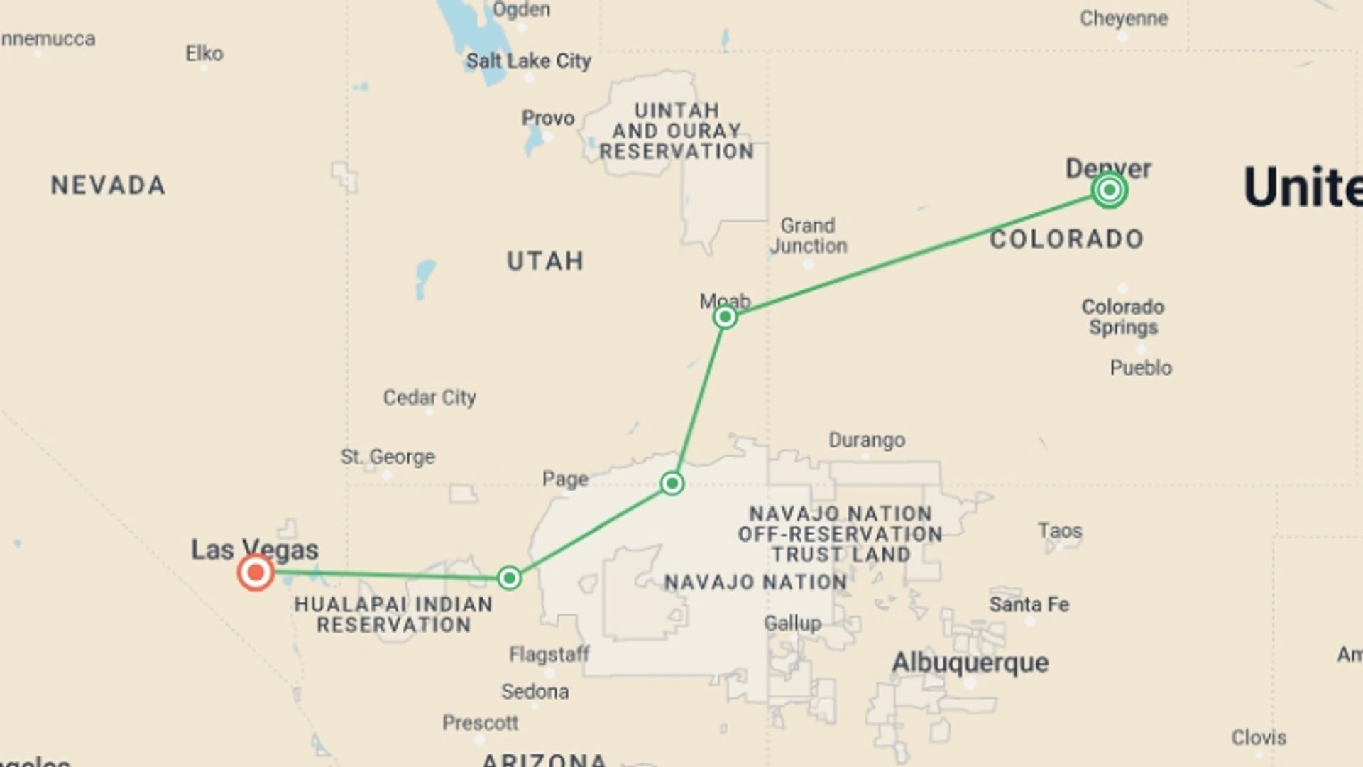 A map showing the tour itinerary for the trip: Best of the Canyonlands, starting in Denver, USA and ending in Las Vegas, USA going through 3 other destinations.