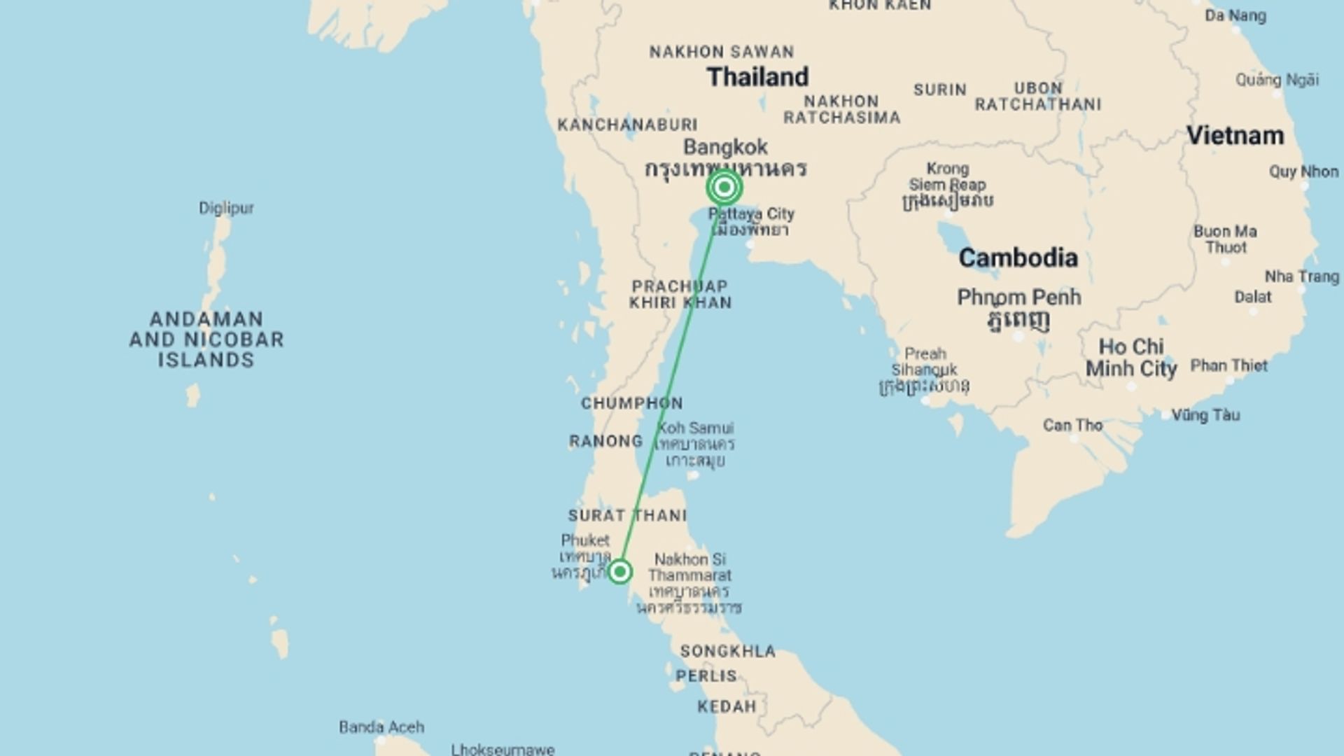 A map showing the tour itinerary for the trip: Bangkok Basics & Krabi Beach Package, Small Group Tour, starting in Bangkok, Thailand and ending in Bangkok, Thailand going through 1 other destinations.