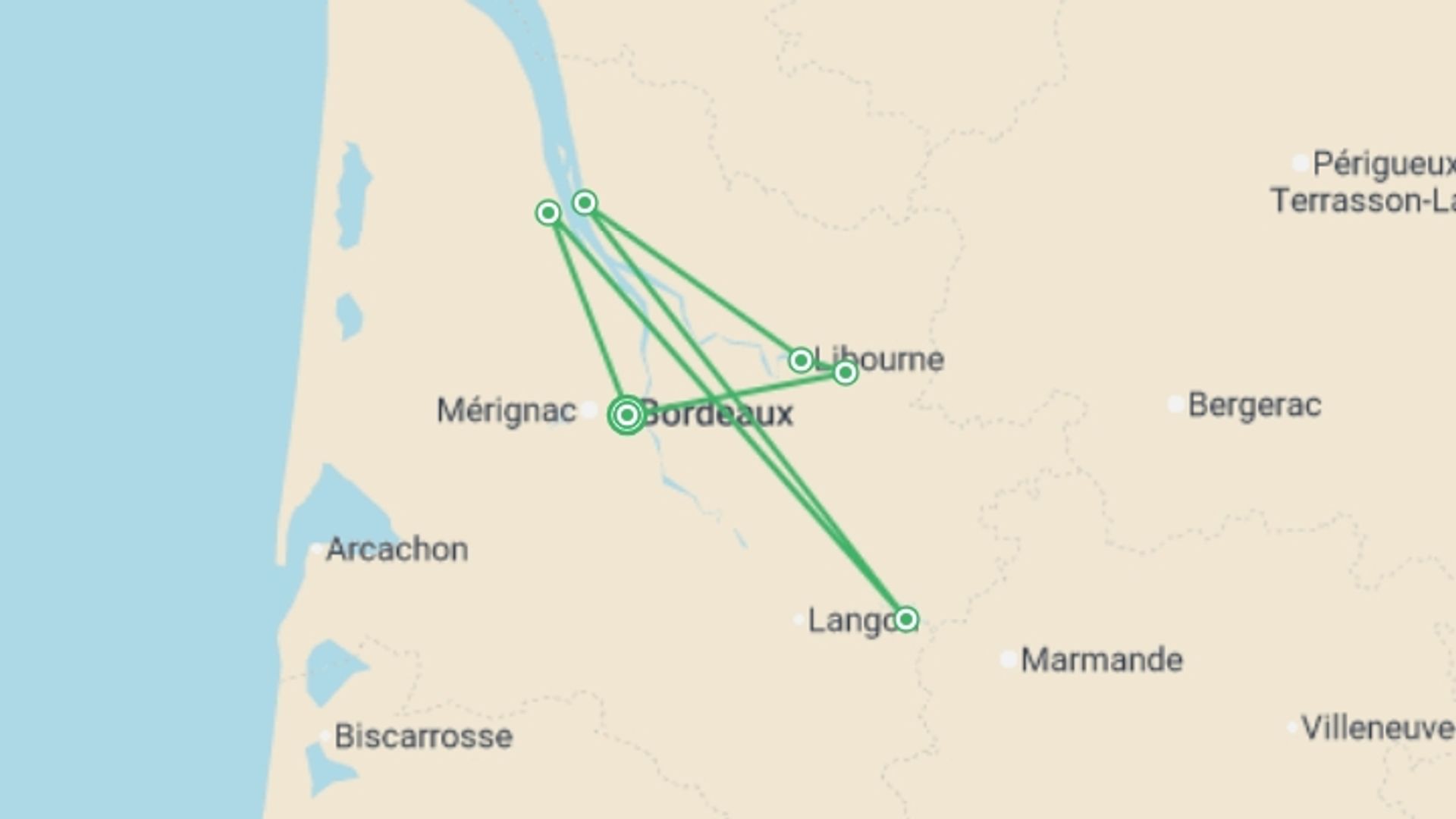 A map showing the tour itinerary for the trip: Family Cruise in Bordeaux-The Land and its History (port-to-port cruise), starting in Bordeaux, France and ending in Bordeaux, France going through 3 other destinations.