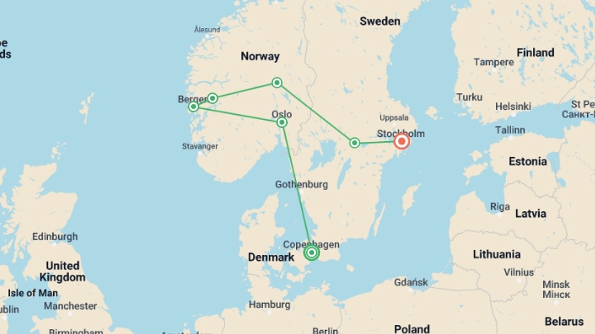 A map showing the tour itinerary for the trip: Delve Deep: Denmark, Norway & Sweden, starting in Copenhagen, Denmark and ending in Stockholm, Sweden going through 5 other destinations.