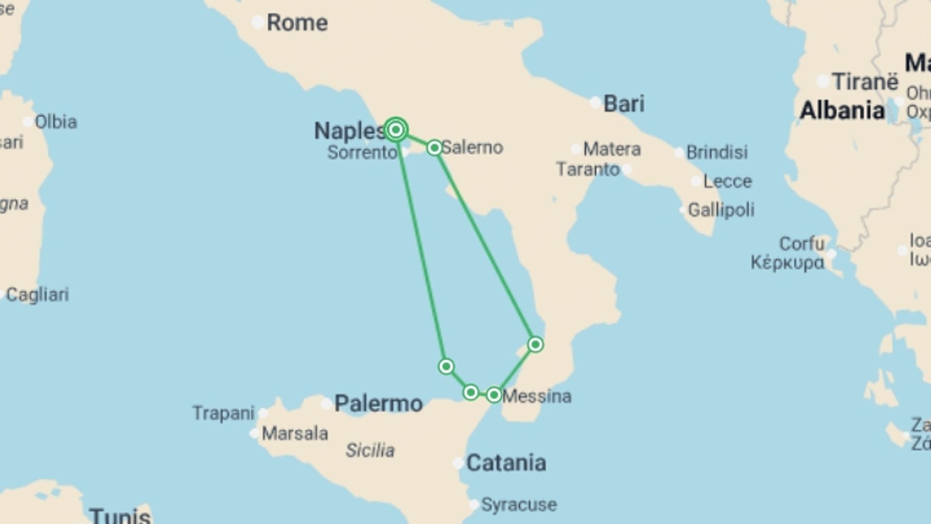 A map showing the tour itinerary for the trip: A Mediterranean Christmas - Naples, the Amalfi Coast & Sicily (port-to-port package), starting in Naples, Italy and ending in Naples, Italy going through 4 other destinations.