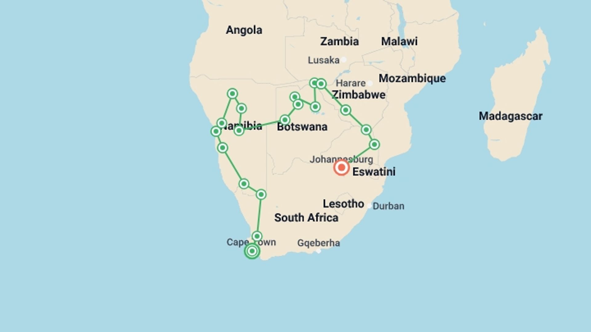 A map showing the tour itinerary for the trip: Cape Town to Johannesburg Overland Safari & Participation Camping, starting in Cape Town, South Africa and ending in Johannesburg, South Africa going through 18 other destinations.