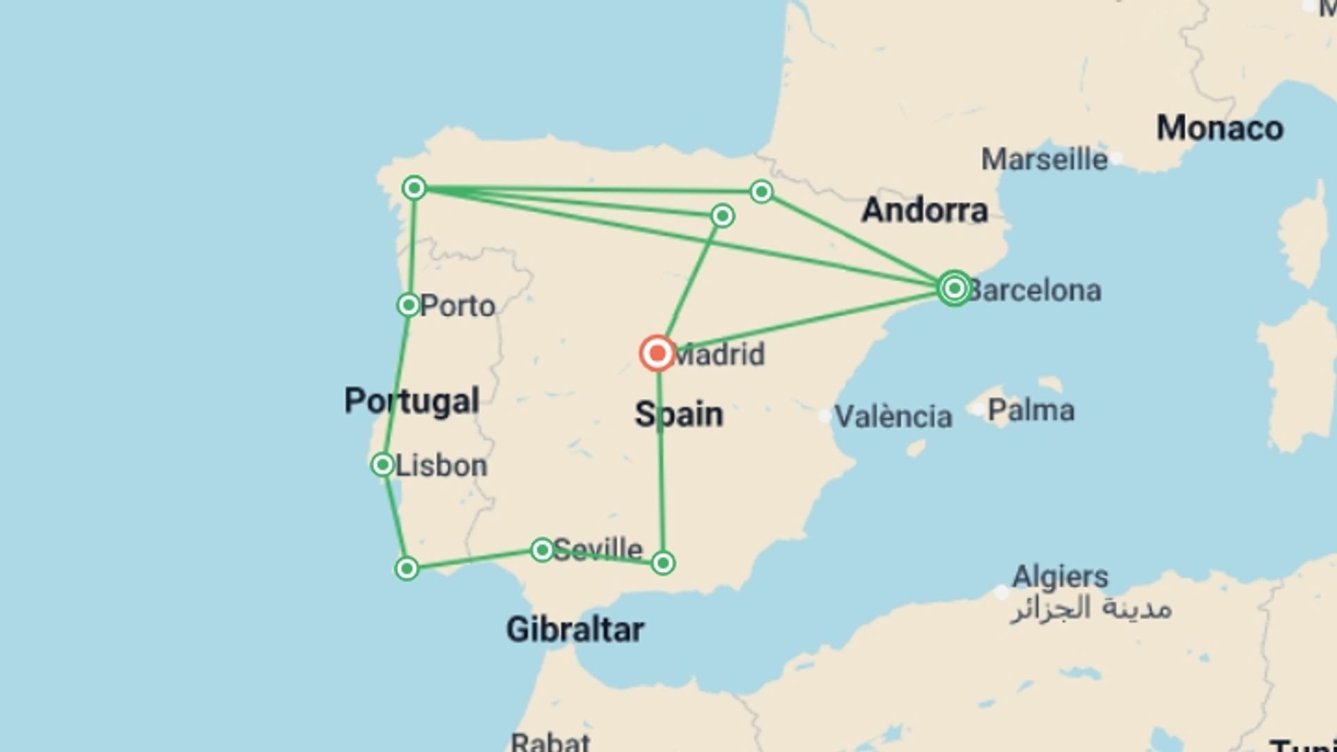 A map showing the tour itinerary for the trip: Classic Spain and Portugal, starting in Barcelona, Spain and ending in Madrid, Spain going through 8 other destinations.