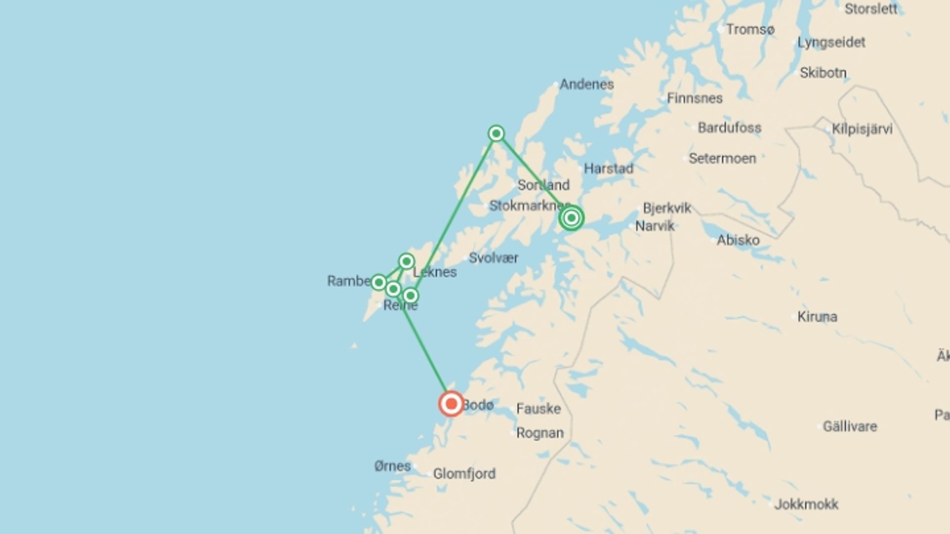 A map showing the tour itinerary for the trip: Hike the Lofoten and Vesterålen Islands, starting in Evenes, Norway and ending in Bodo, Norway going through 6 other destinations.