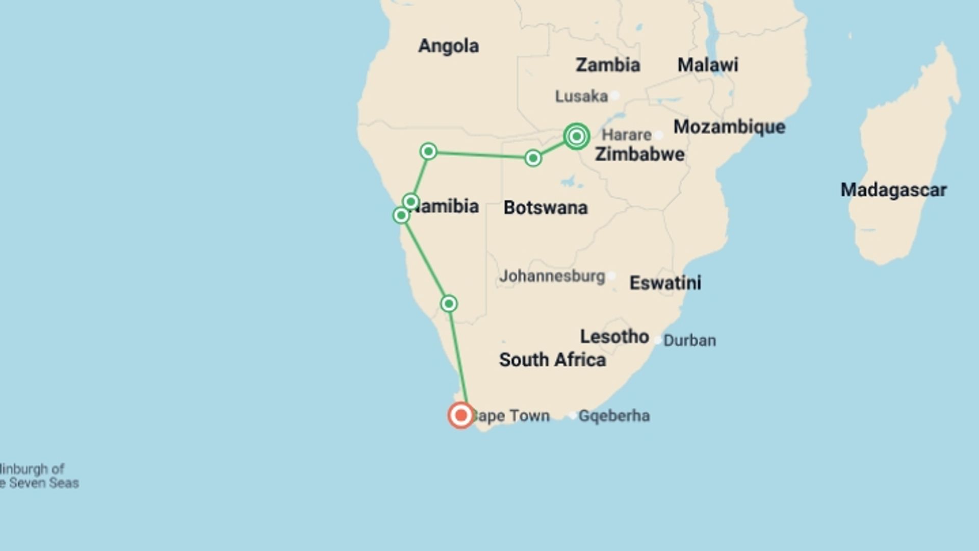 A map showing the tour itinerary for the trip: Victoria Falls To Cape Town (22 Days), starting in Victoria Falls, Zimbabwe and ending in Cape Town, South Africa going through 8 other destinations.