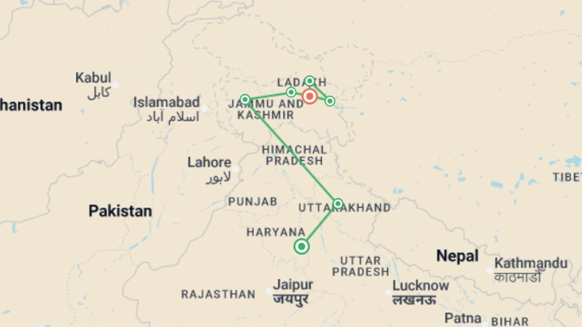 A map showing the tour itinerary for the trip: Kashmir to Ladakh: Where Valleys Meet the Sky, starting in Delhi & Golden Triangle, India and ending in Delhi & Golden Triangle, India going through 6 other destinations.