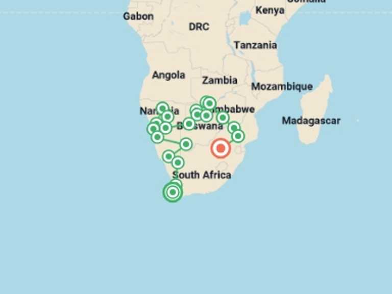 Map itinerary of Africa Tour in August 2026 with 21 destination visits for the trip: Southern Africa Overland: Cape Town, Falls & Kruger
