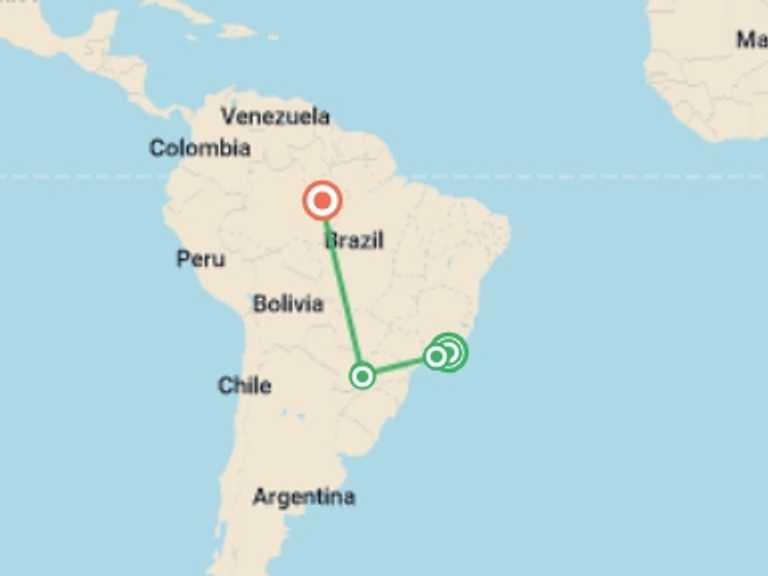 Map itinerary of South America Tour in Winter with 5 destination visits for the trip: Discover Brazil