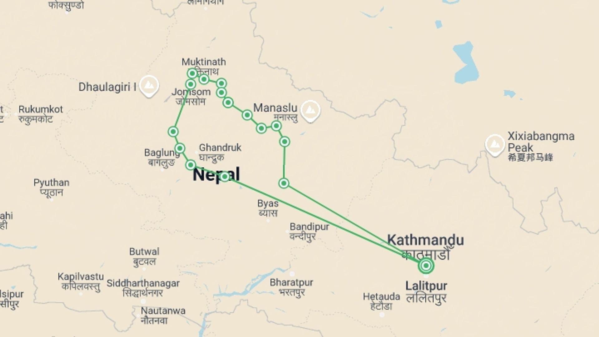 A map showing the tour itinerary for the trip: 15 Days Annapurna Circuit Trekking, starting in Kathmandu, Nepal and ending in Kathmandu, Nepal going through 14 other destinations.