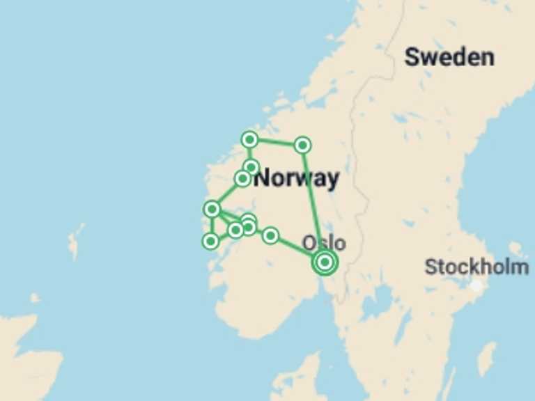 Map of a Natural landmarks sightseeing Tour with 4 destination visits for the trip: Norwegian Fjords - Charm and Traditions