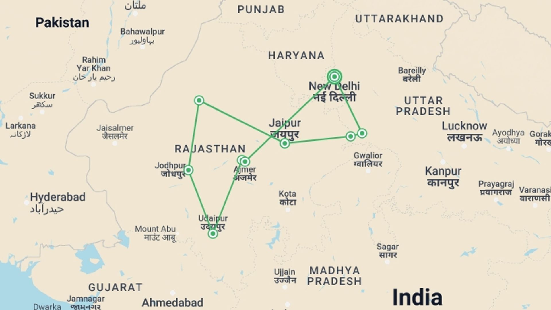 A map showing the tour itinerary for the trip: Special Rajasthan, 10 Days Tour, starting in New Delhi, India and ending in New Delhi, India going through 6 other destinations.