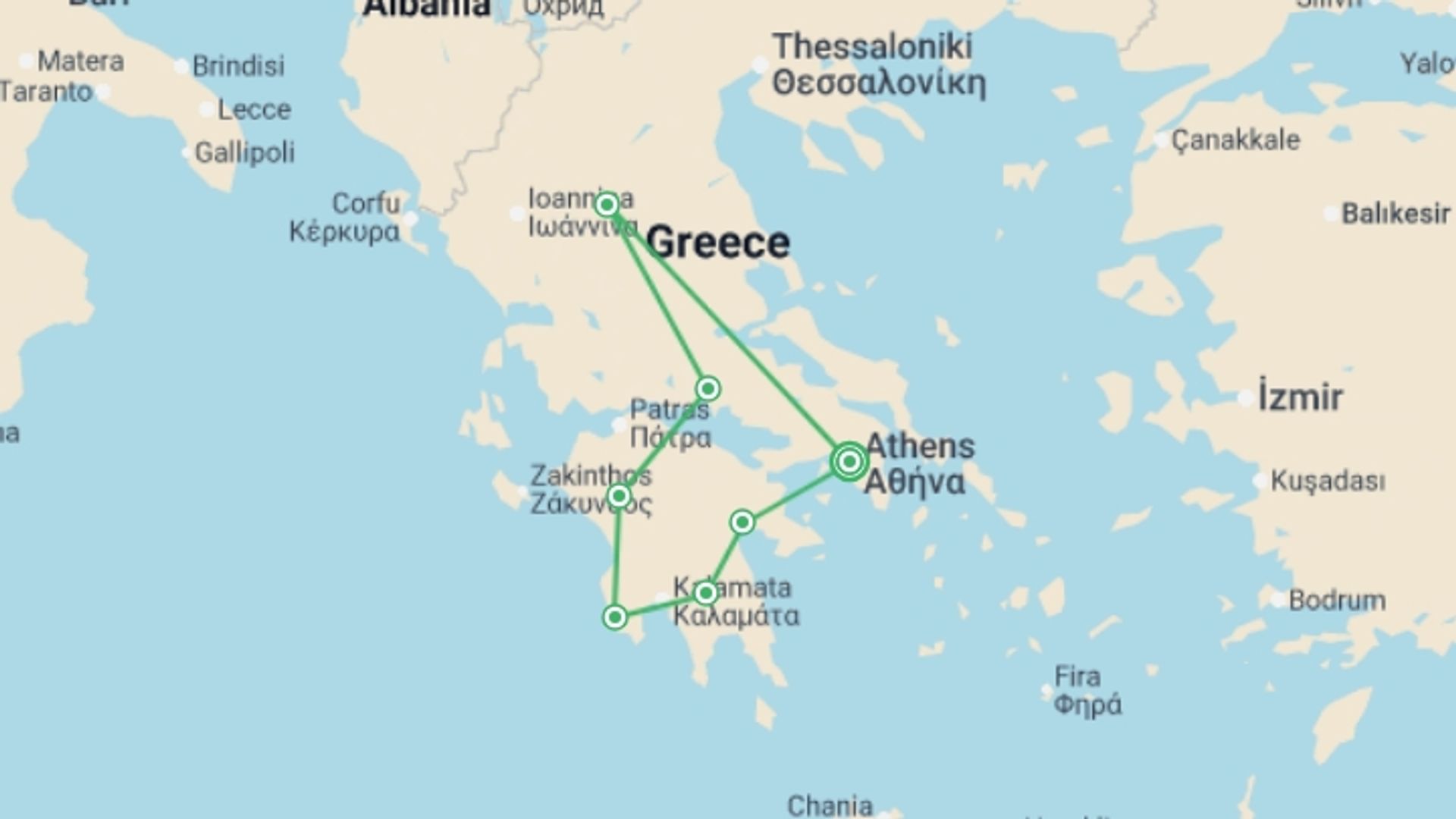 A map showing the tour itinerary for the trip: Highlights of Ancient Greece, starting in Athens, Greece and ending in Athens, Greece going through 6 other destinations.